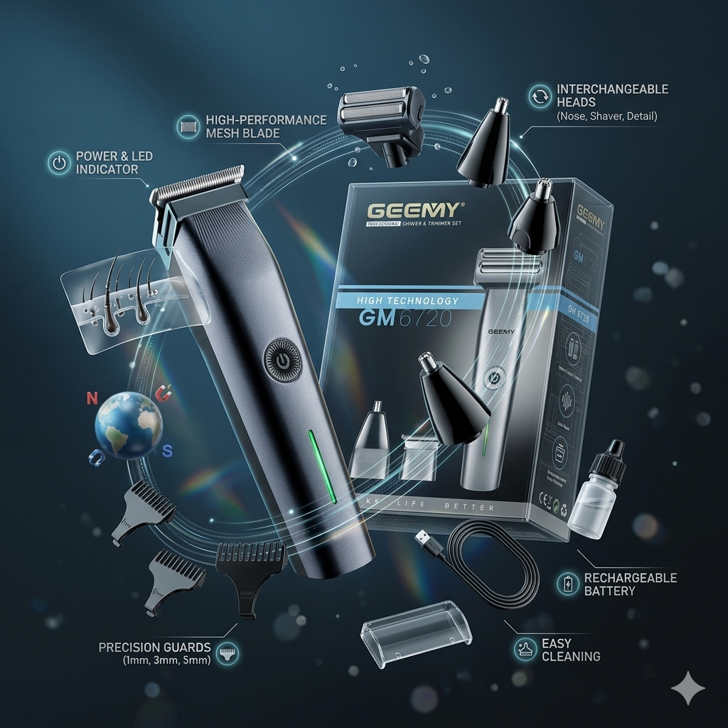 Geemy GM-6720 3-in-1 Trimmer | Professional Rechargeable Grooming Kit