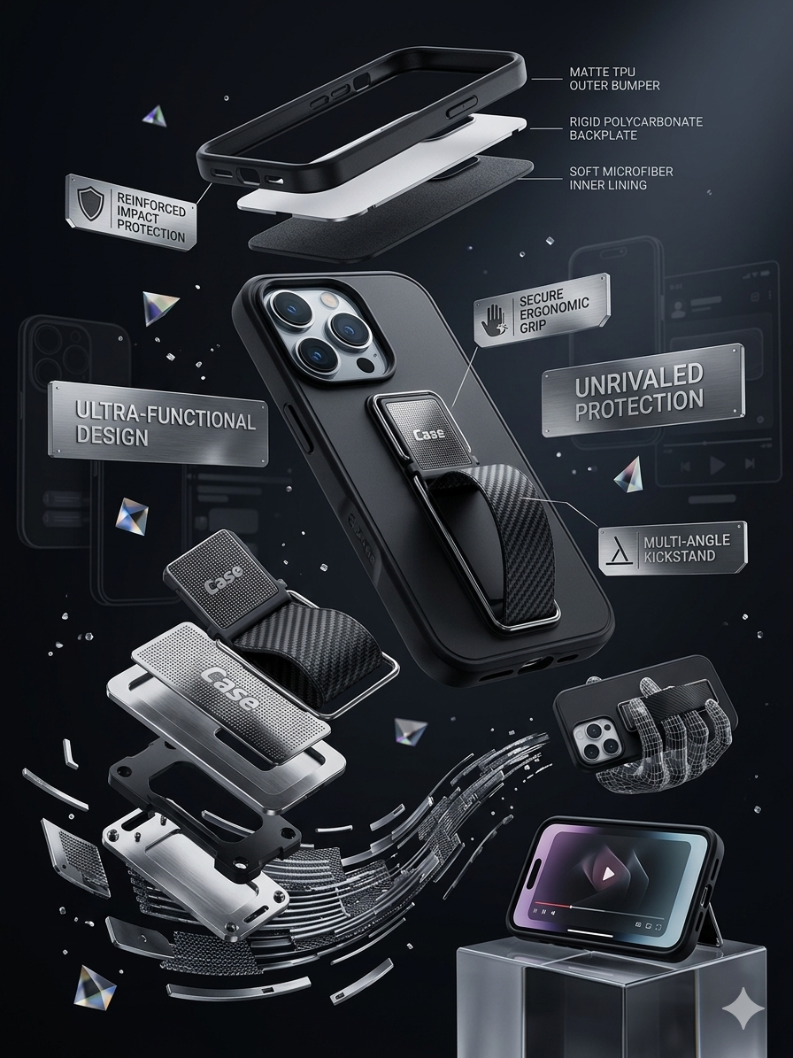 Premium Multi-Function Kickstand Phone Case | 360° Protection with Grip Stand Design