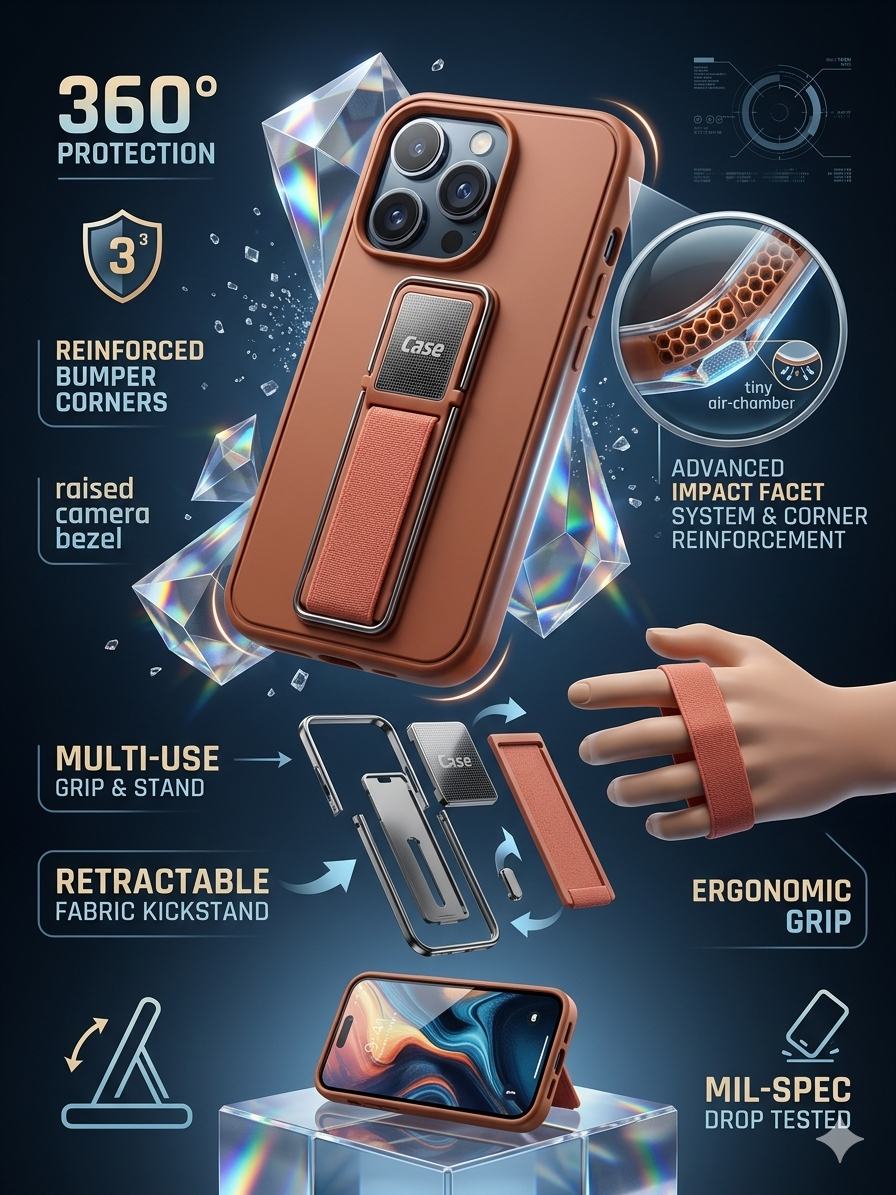 Premium Multi-Function Kickstand Phone Case | 360° Protection with Grip Stand Design