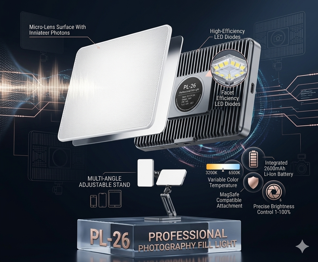 PL-26 LED Professional Photography Fill Light | Adjustable Brightness & Color Temperature for Studio & Mobile Shoot