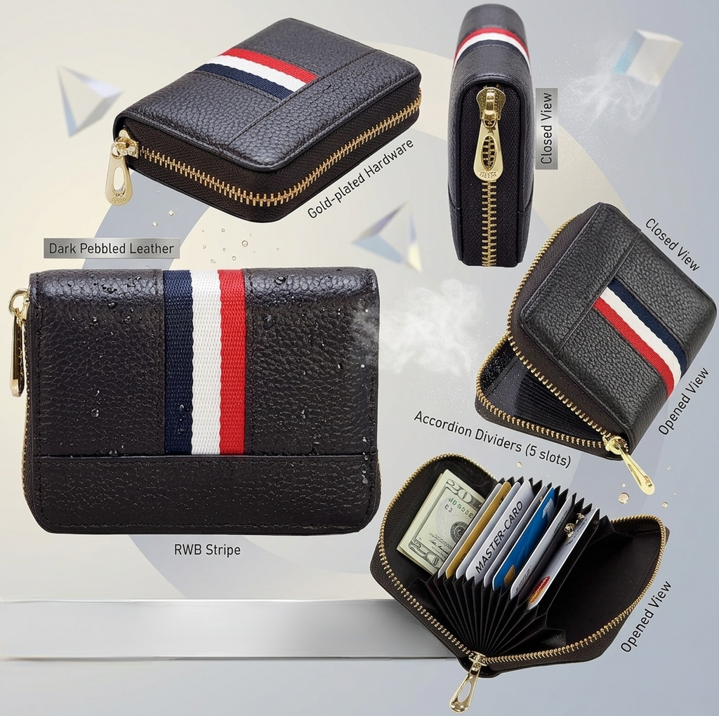 Premium Leather Zipper Card Holder Wallet with RFID Protection & Accordion Slots