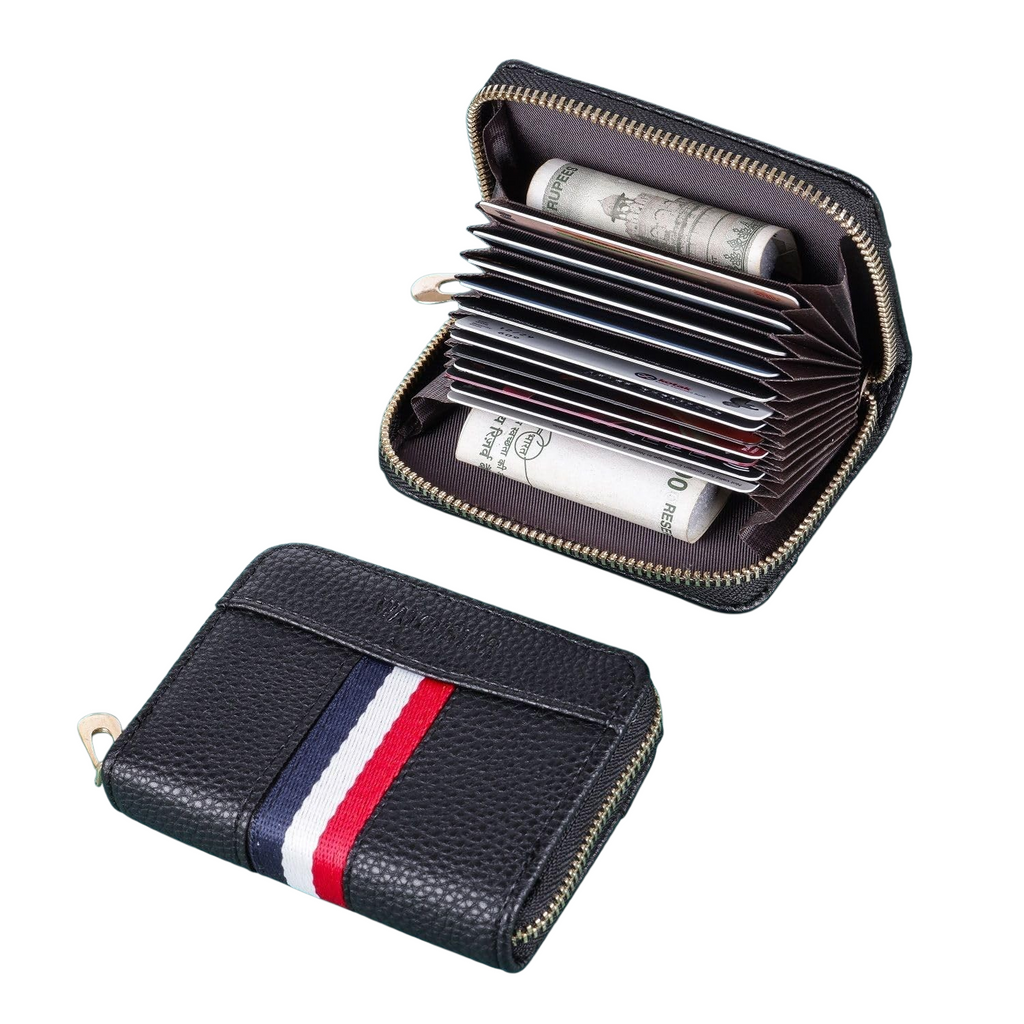 Premium Leather Zipper Card Holder Wallet with RFID Protection & Accordion Slots