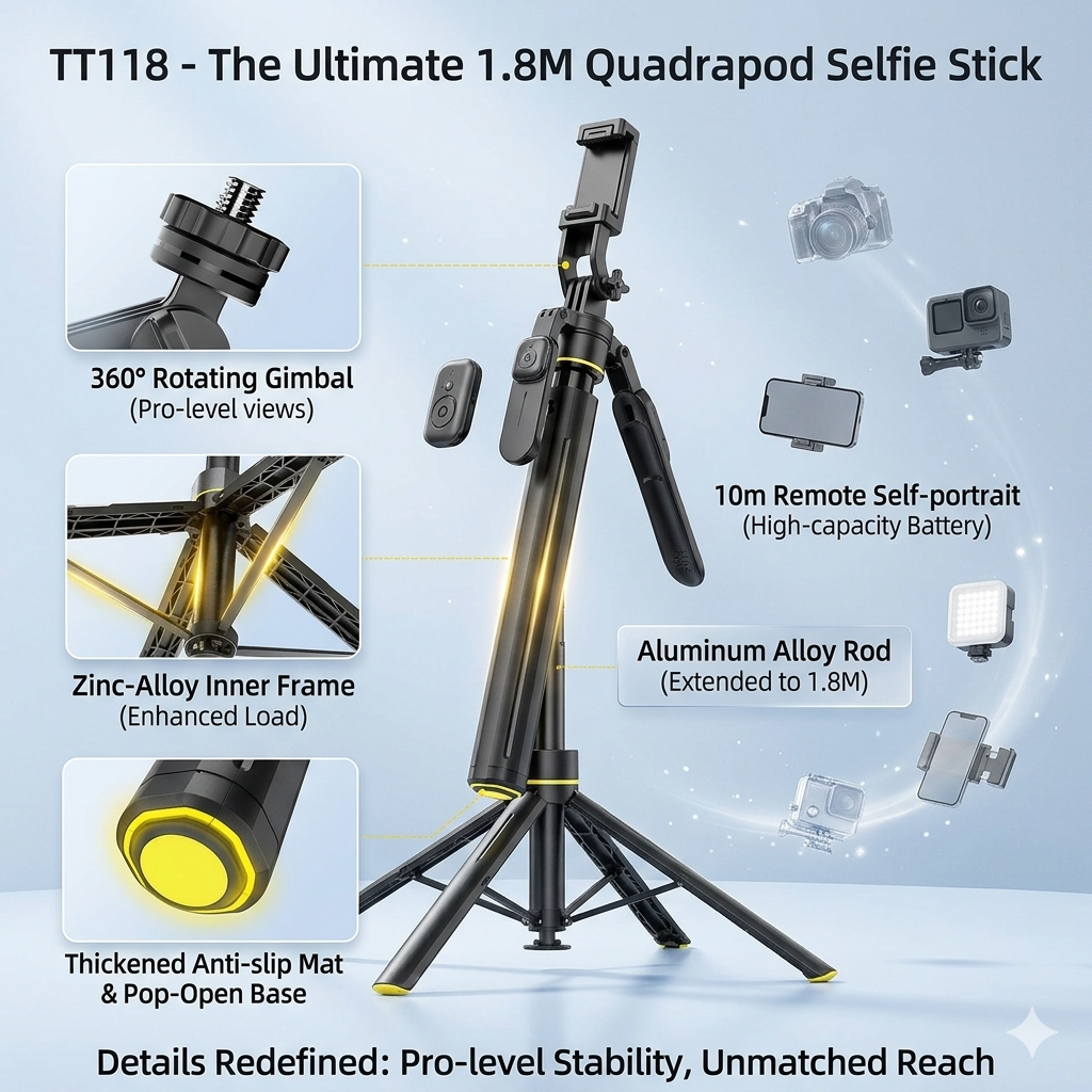 TT18 Selfie Stick Quadrapod with Bluetooth Remote | Extendable Mobile Holder for Vlogging & Photography