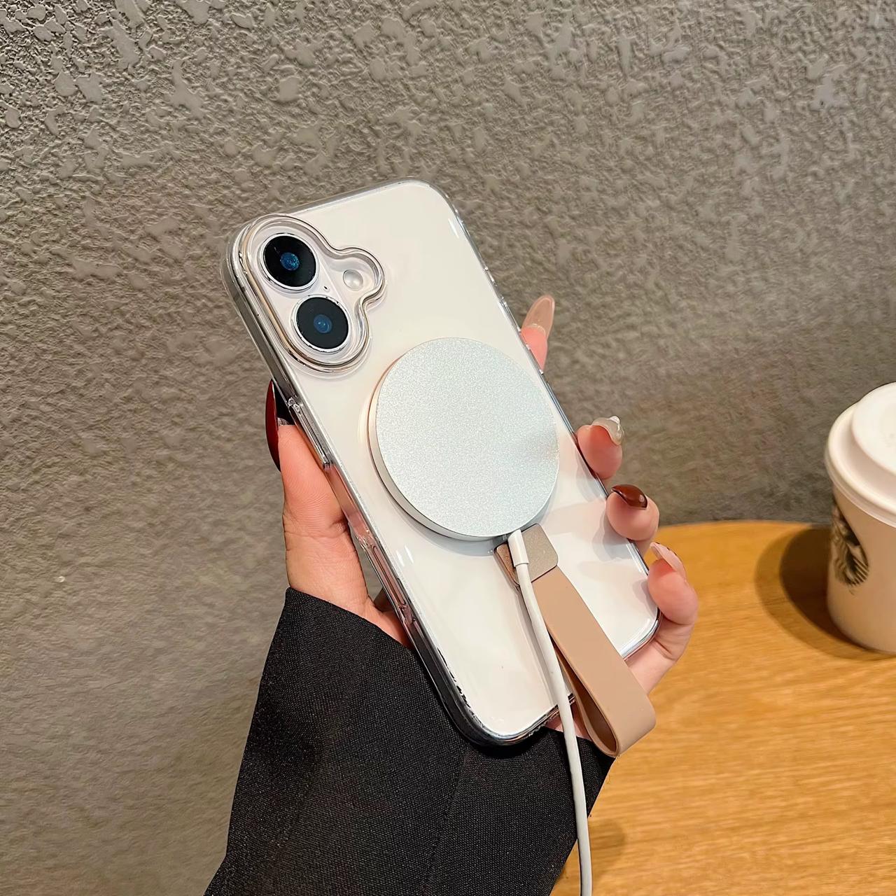 Iphone 16/16Pro Transparent Back with Creative Design Handheld Finger Buckle C Type Magnetic Suction Phone case