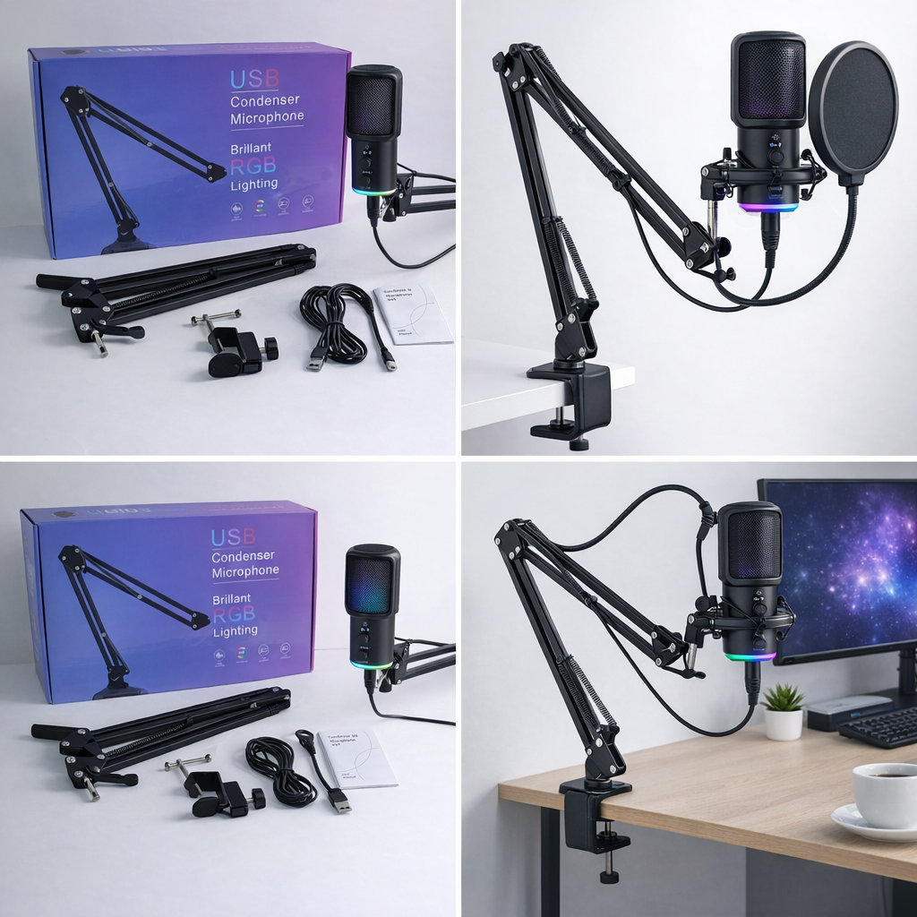 USB Condenser Microphone | RGB Light | Professional Recording Mic